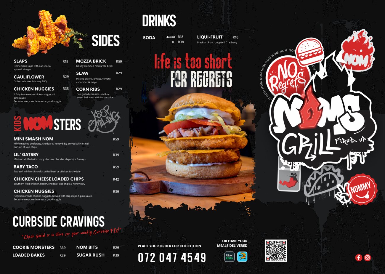 Noms Grill menu page 1 — burgers, tacos, gatsbys