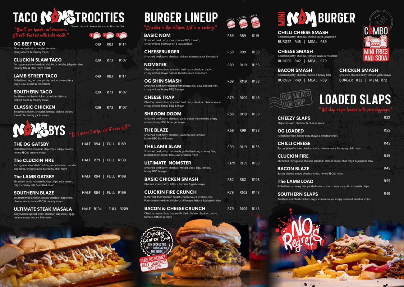 Noms Grill menu page 2 — sides, slaps, kids, desserts